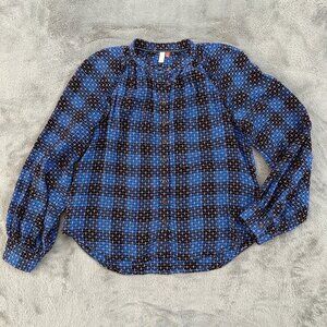 Pilcro Anthropologie Wool Blend Black Blue Plaid Button Down Shirt MEDIUM Top